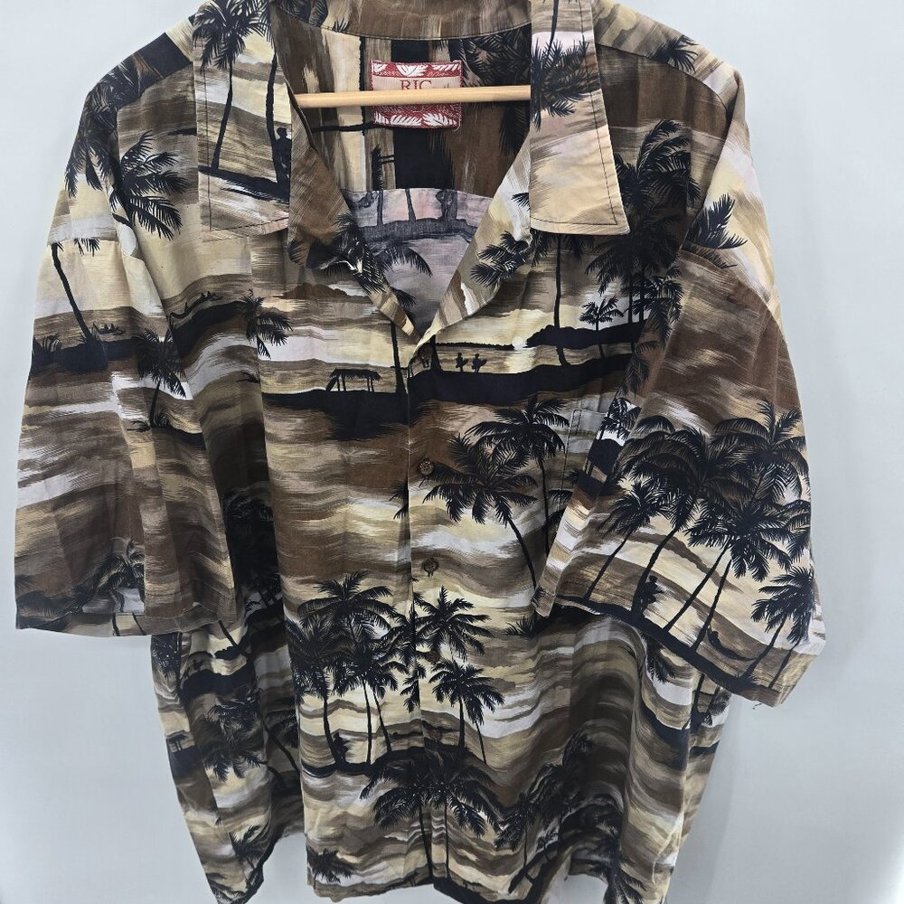 VTG RJC Hawaiian Shirt Brown Palm Tree Sunset Aloha 100% Cotton Button Down 5XL